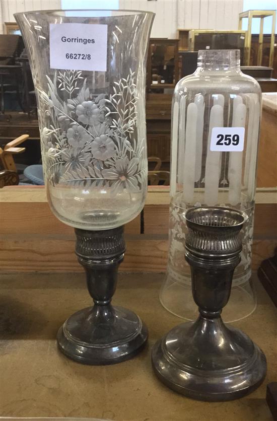 Pair of etched glass storm lamps